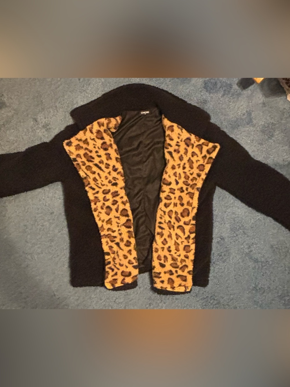 Chicme Cozy Black Faux Fur Coat with Leopard Print Lapels